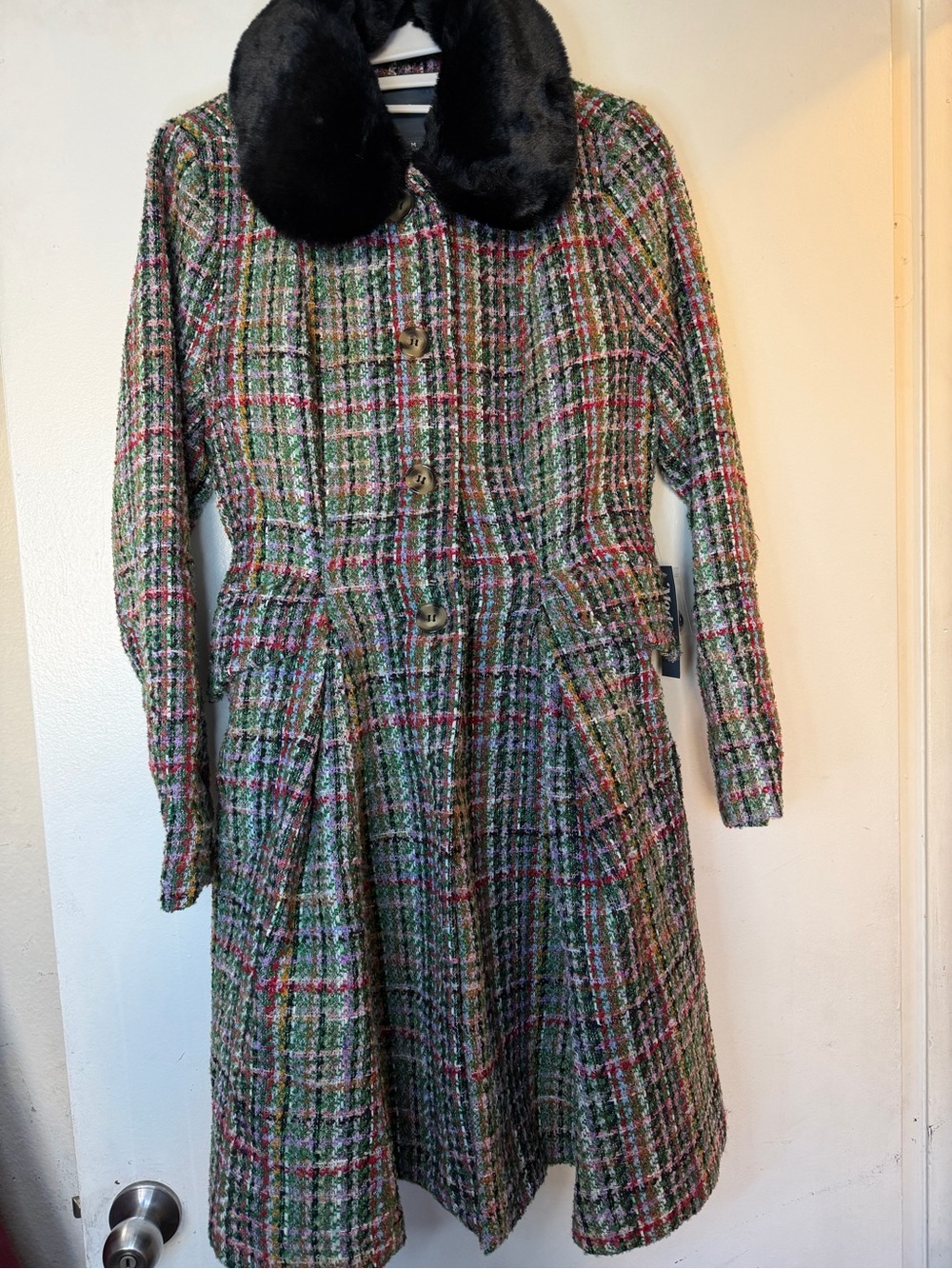 ModCloth Plaid Tweed Coat Faux Fur Collar Green Pink Retro Midi Coat Size M